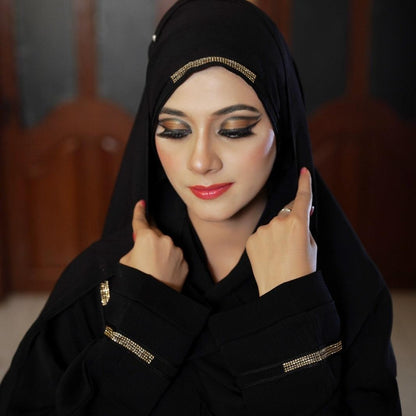 Muslim Abaya Black with Gold Lace Work Arabic Style Premium Quality