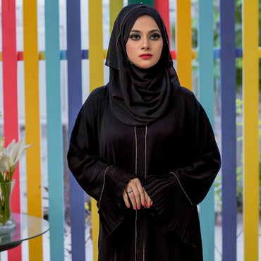 Muslim Abaya Black with Gold Lace Work Feather Sleeves Black 1