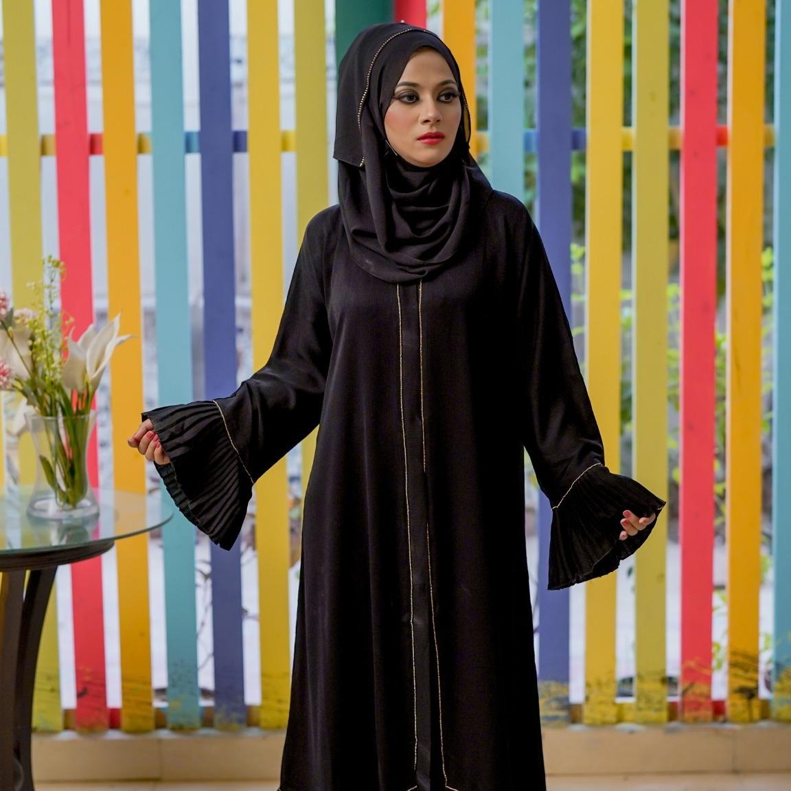 Muslim Abaya Black with Gold Lace Work Feather Sleeves Black 1
