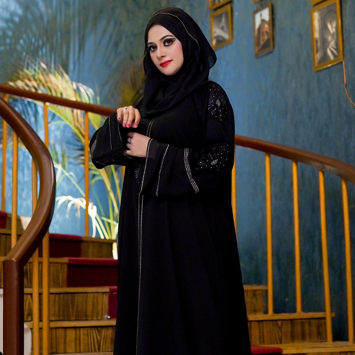 Muslim Abaya Black with Gold Stylish Lace Work on Sleeves with Front Style - "Black 3"
