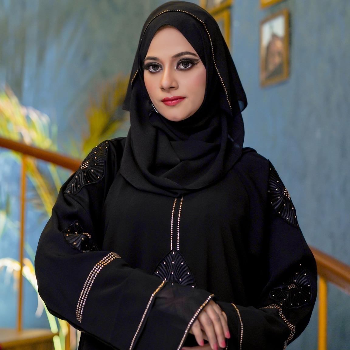 Muslim Abaya Black with Gold Stylish Lace Work on Sleeves with Front Style - "Black 3"