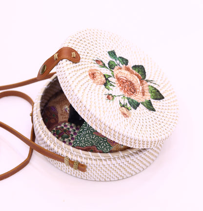 Hand woven Round Rattan Bag Shoulder Leather Straps Natural Chic RB-01