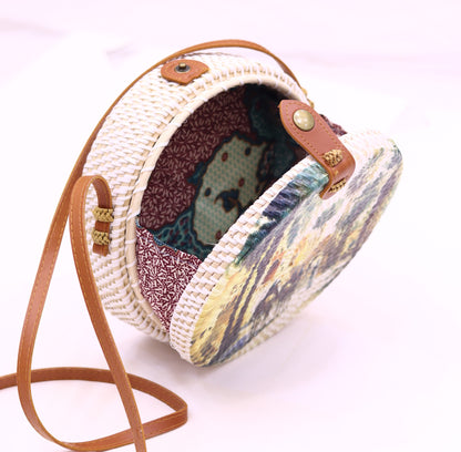 Round Rattan Bag For Women Handwoven Shoulder Leather Straps Natural Chic Hand RB-04