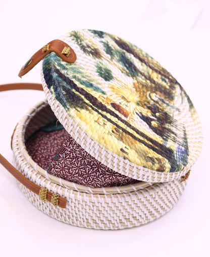 Round Rattan Bag For Women Handwoven Shoulder Leather Straps Natural Chic Hand RB-04