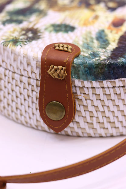 Round Rattan Bag For Women Handwoven Shoulder Leather Straps Natural Chic Hand RB-04