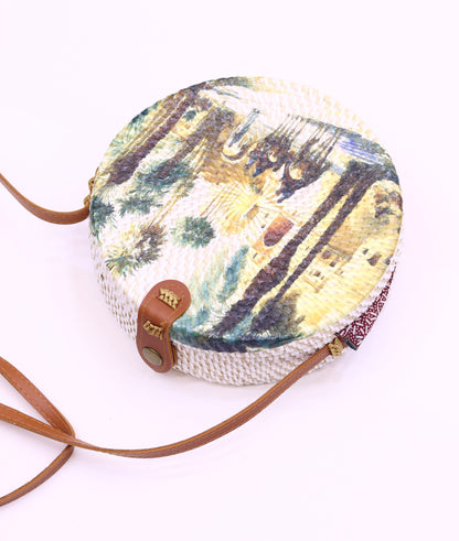 Round Rattan Bag For Women Handwoven Shoulder Leather Straps Natural Chic Hand RB-04