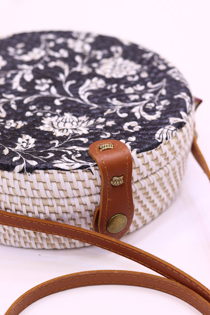 Handwoven Round Rattan Bag For Women Shoulder Leather Straps Natural Chic Hand RB-05