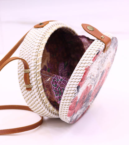 Unique Handwoven Round Rattan Bag Shoulder Leather Straps Natural Chic Hand RB-06