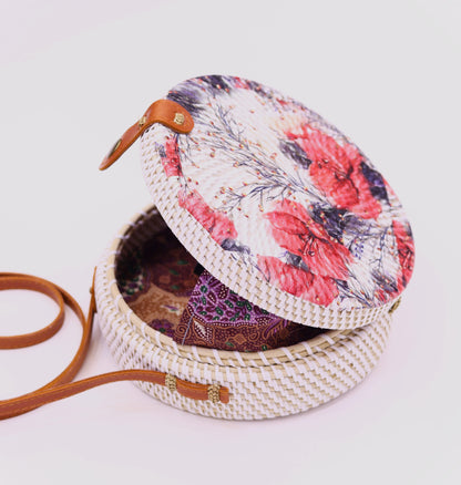 Unique Handwoven Round Rattan Bag Shoulder Leather Straps Natural Chic Hand RB-06