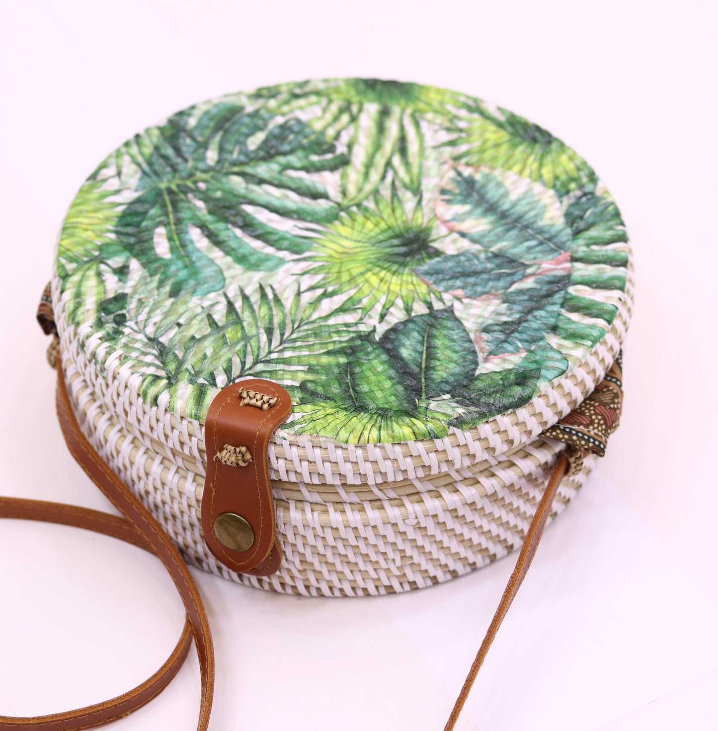 Handwoven Round Rattan Bag with Tropical Print Shoulder Leather Straps Natural Chic Hand RB-07