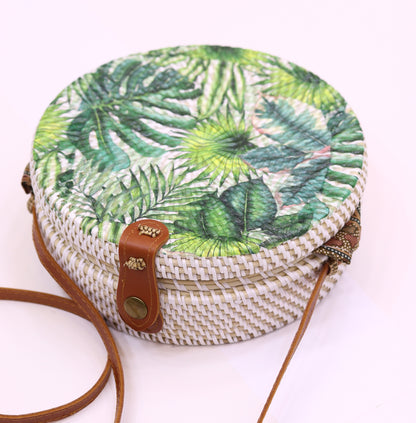 Handwoven Round Rattan Bag with Tropical Print Shoulder Leather Straps Natural Chic Hand RB-07