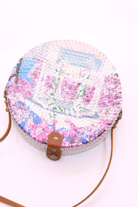 Beautiful Handwoven Round Rattan Bag For Women Shoulder Leather Straps Natural Chic RB-09