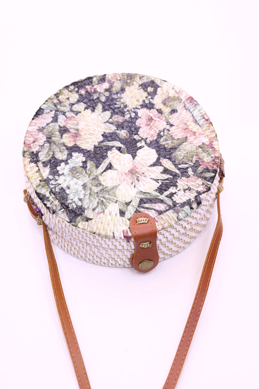 Unique Handwoven Round Rattan Bag Shoulder Leather Straps Natural Chic Hand RB-10