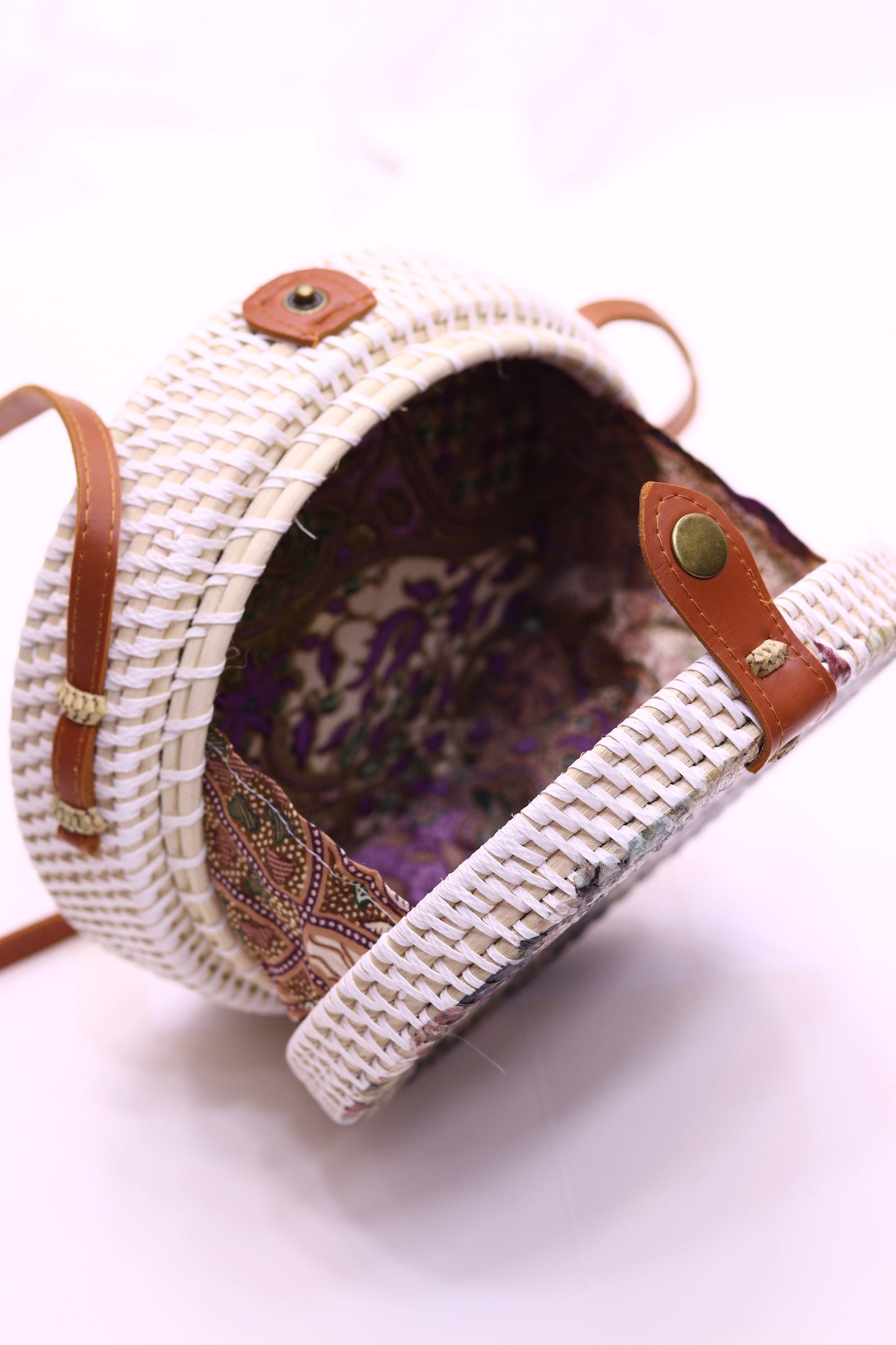 Unique Handwoven Round Rattan Bag Shoulder Leather Straps Natural Chic Hand RB-10