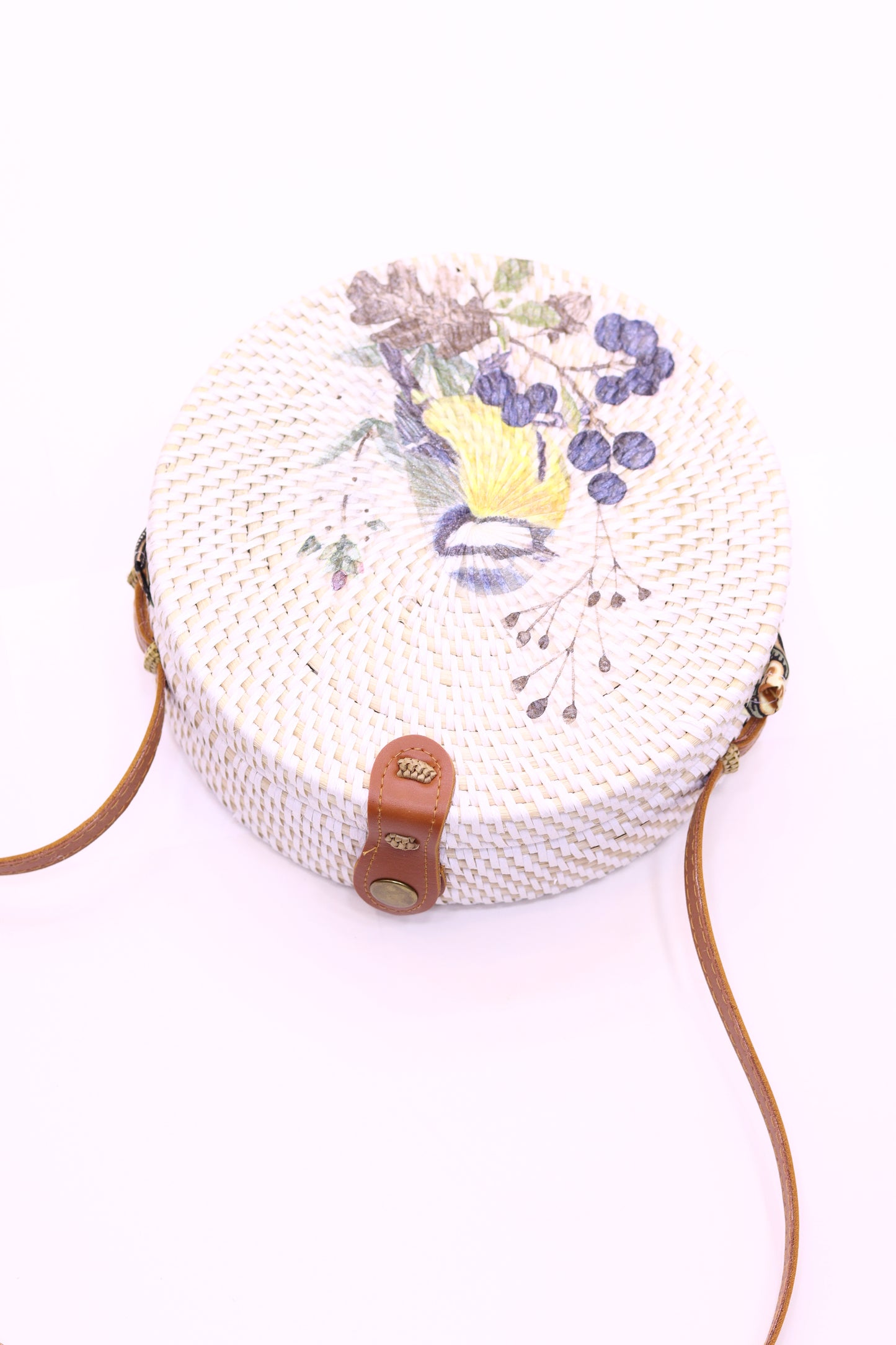 Handwoven Round Rattan Bag With Inner Lining Shoulder Leather Straps Natural Chic Hand RB-11