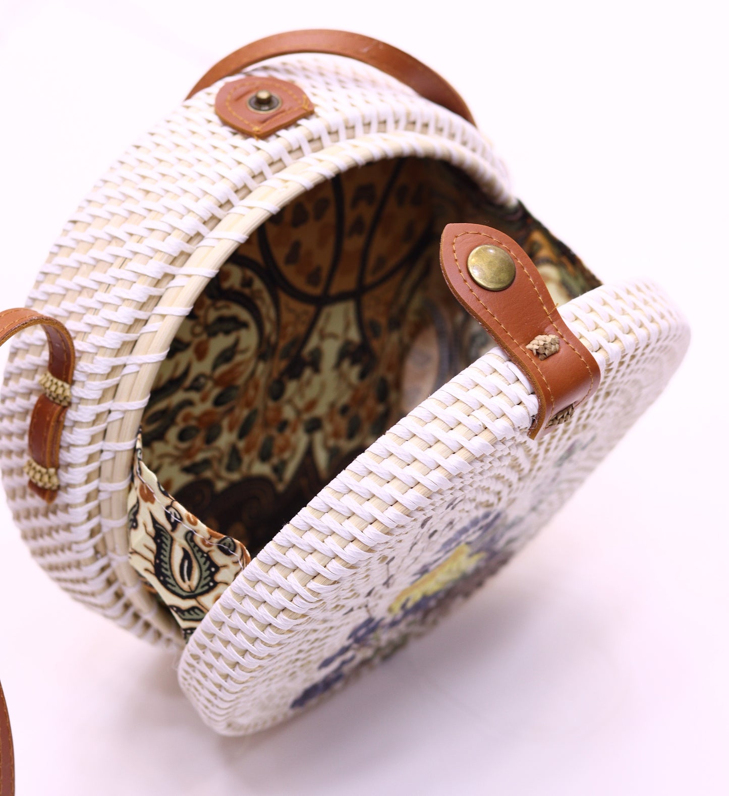 Handwoven Round Rattan Bag With Inner Lining Shoulder Leather Straps Natural Chic Hand RB-11