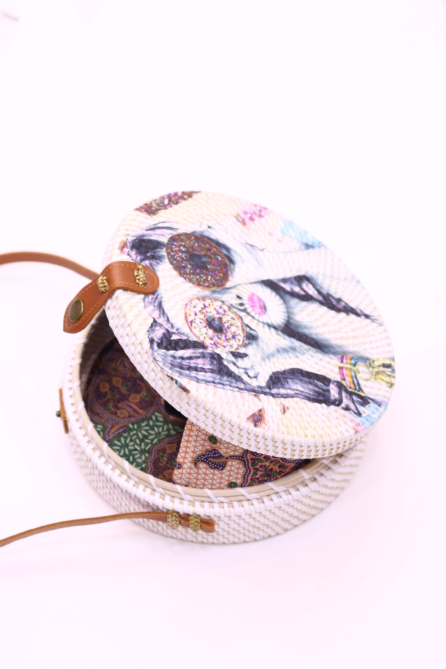 Handwoven Round Rattan Bag With Inner Lining Attached Shoulder Leather Straps Natural Chic Hand RB-12