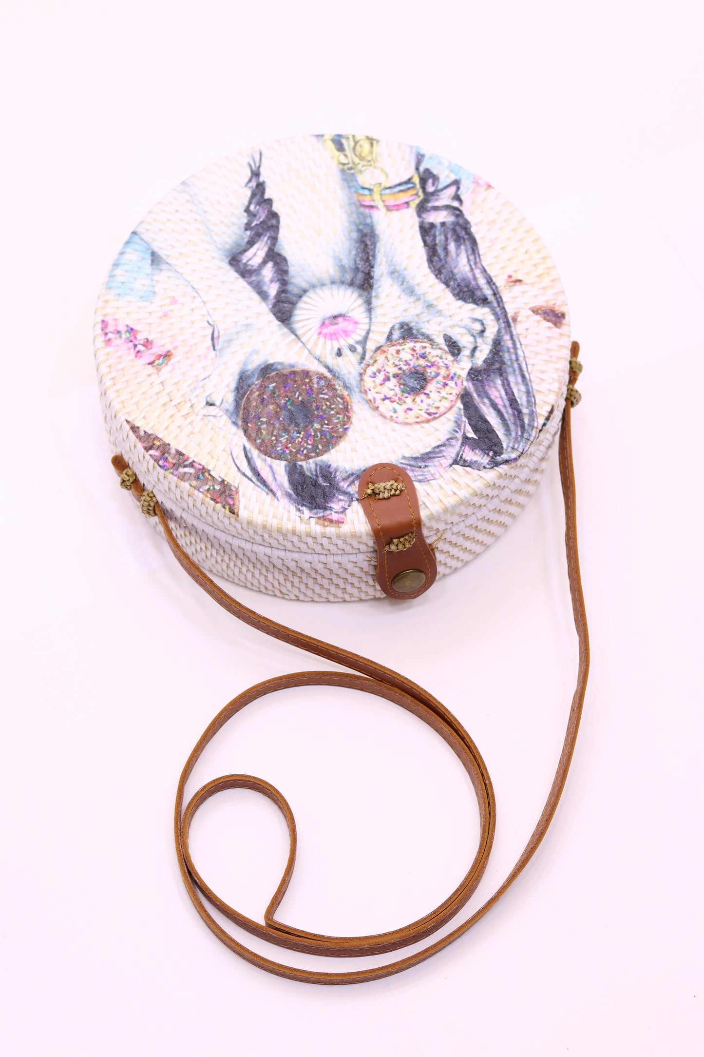 Handwoven Round Rattan Bag With Inner Lining Attached Shoulder Leather Straps Natural Chic Hand RB-12