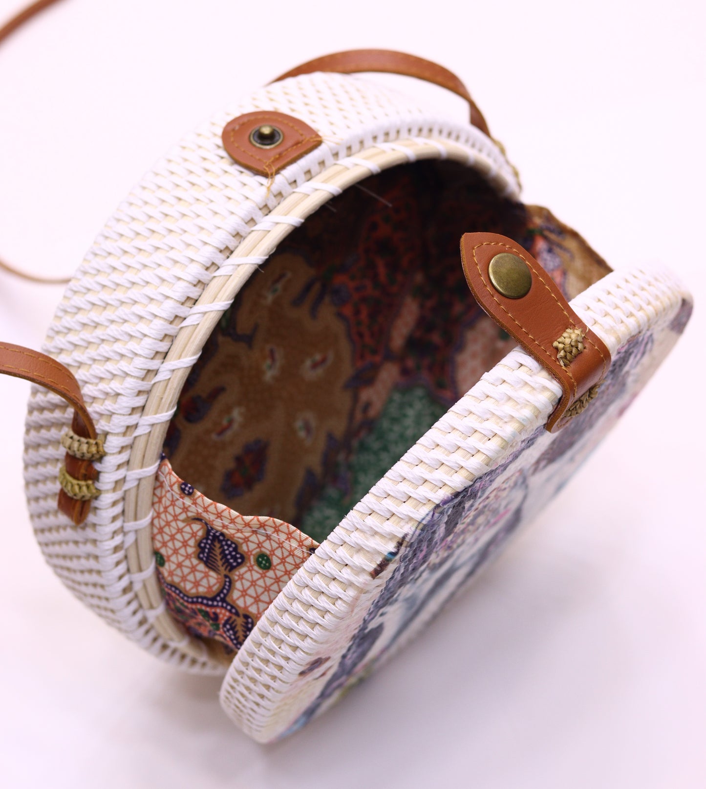 Handwoven Round Rattan Bag With Inner Lining Attached Shoulder Leather Straps Natural Chic Hand RB-12