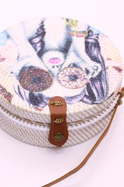 Handwoven Round Rattan Bag With Inner Lining Attached Shoulder Leather Straps Natural Chic Hand RB-12
