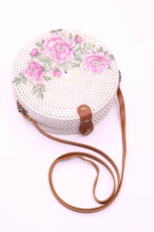 Unique Handwoven Round Rattan Bag Shoulder Leather Straps Natural Chic Hand RB-13