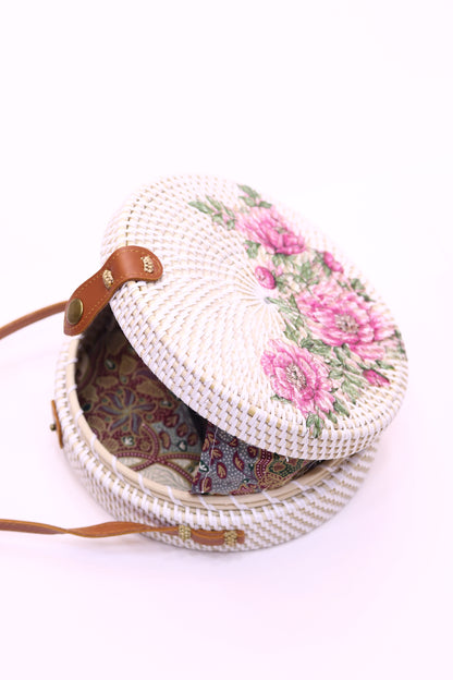 Unique Handwoven Round Rattan Bag Shoulder Leather Straps Natural Chic Hand RB-13
