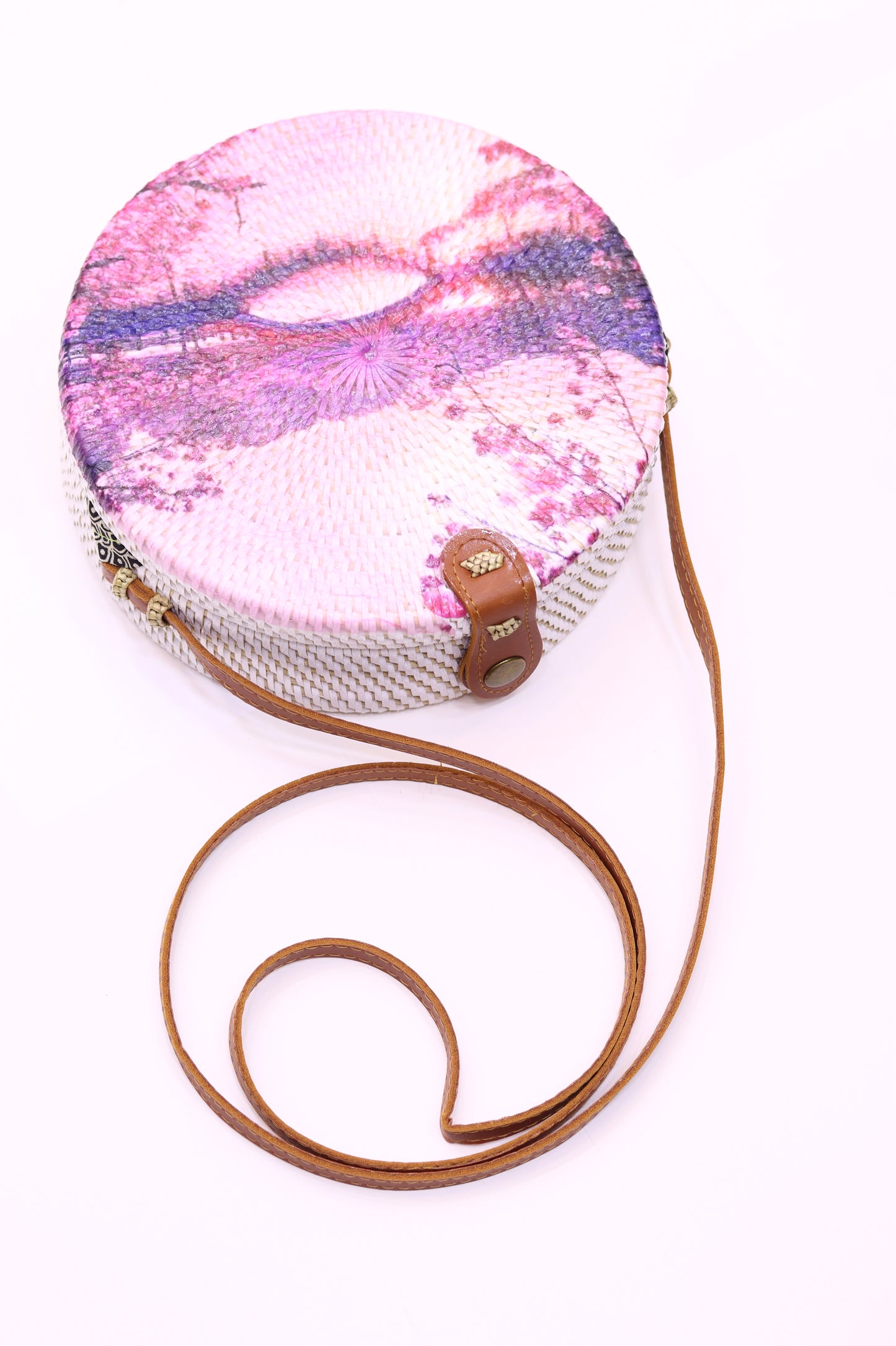 Handwoven Round Rattan Bag Shoulder Leather Straps Natural Chic Hand RB-14