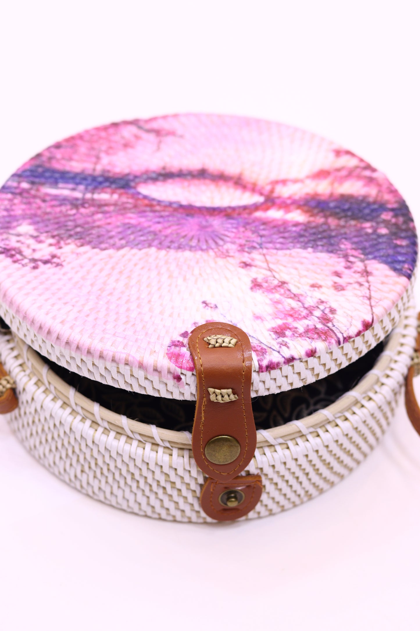 Handwoven Round Rattan Bag Shoulder Leather Straps Natural Chic Hand RB-14