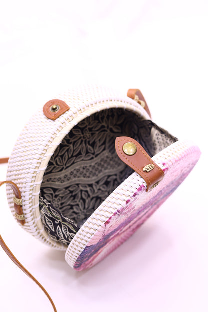 Handwoven Round Rattan Bag Shoulder Leather Straps Natural Chic Hand RB-14