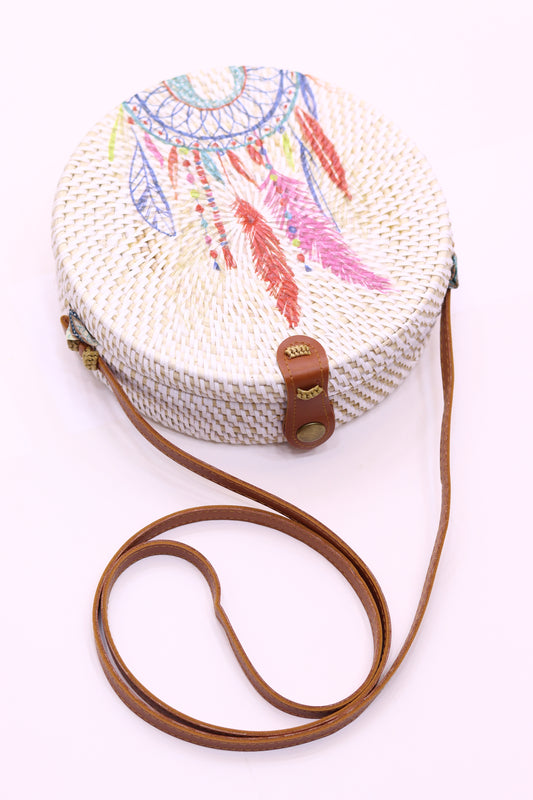 Cute Handwoven Round Rattan Bag Shoulder Leather Straps Natural Chic RB-15