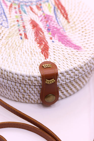 Cute Handwoven Round Rattan Bag Shoulder Leather Straps Natural Chic RB-15