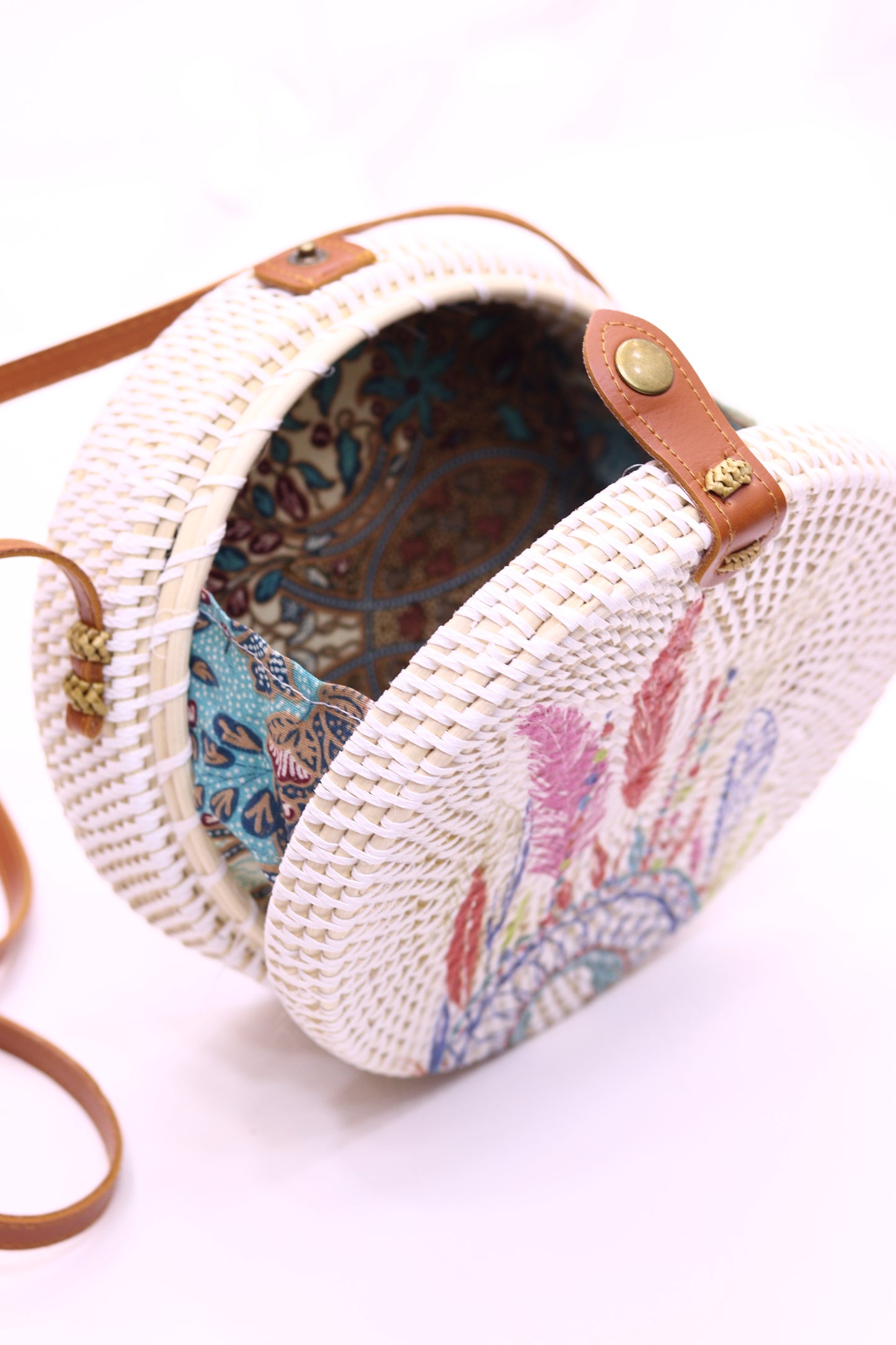 Cute Handwoven Round Rattan Bag Shoulder Leather Straps Natural Chic RB-15