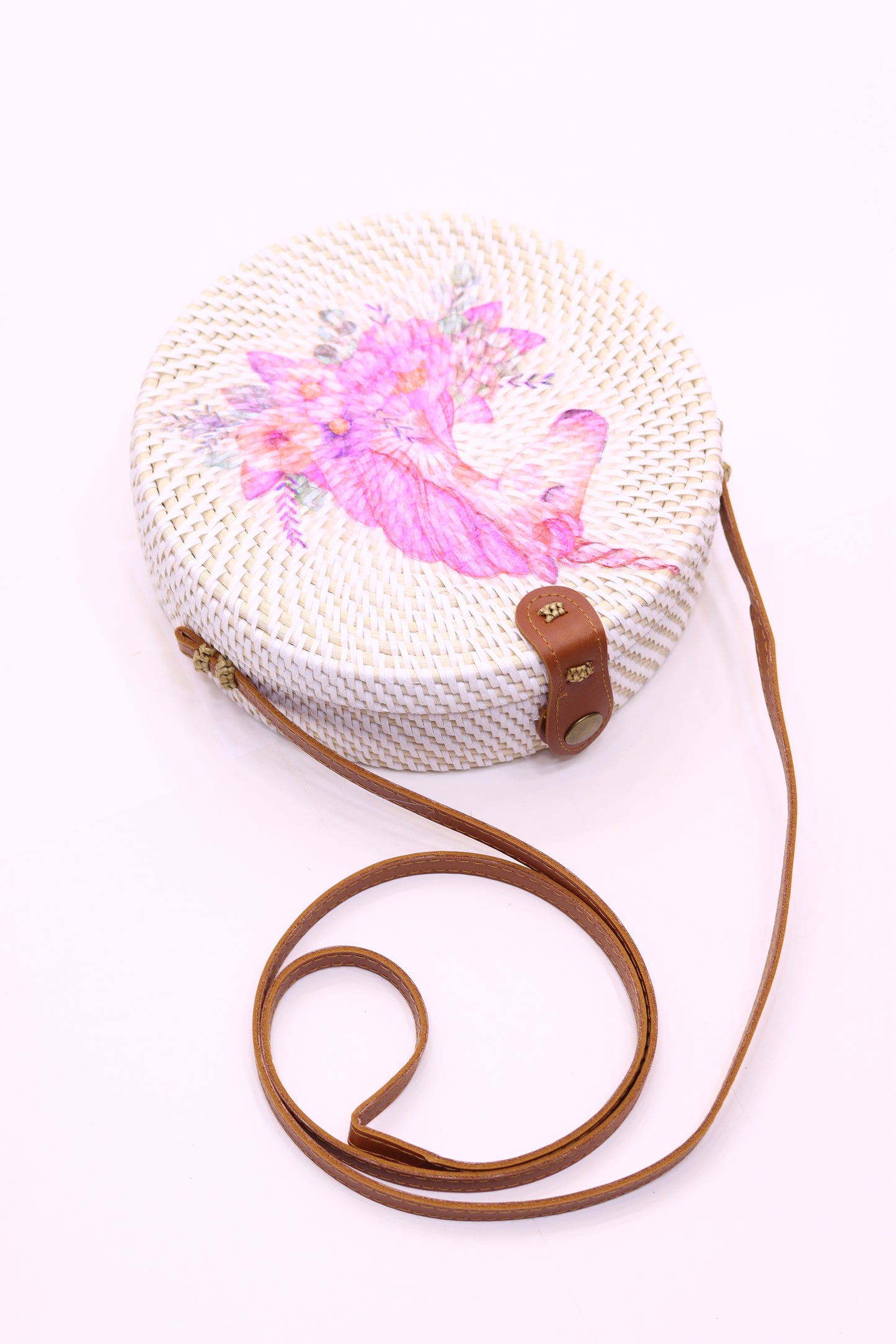 Cute Handwoven Round Rattan Bag Shoulder Leather Straps Natural Chic Hand RB-16