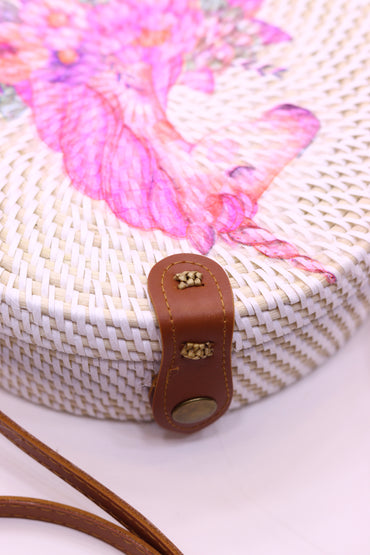 Cute Handwoven Round Rattan Bag Shoulder Leather Straps Natural Chic Hand RB-16