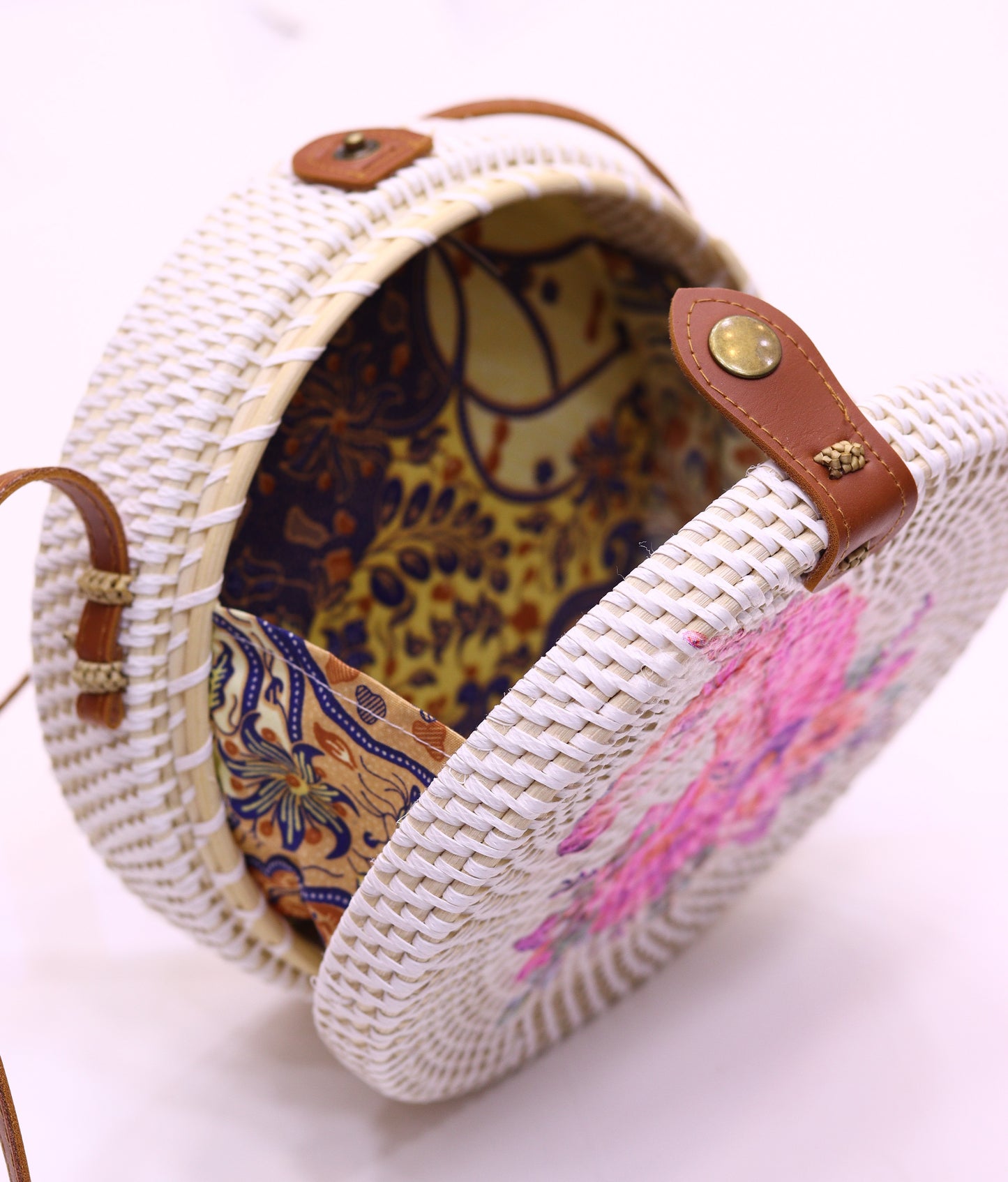 Cute Handwoven Round Rattan Bag Shoulder Leather Straps Natural Chic Hand RB-16