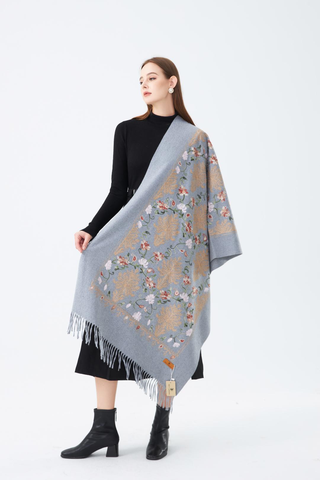 Wool Embroidered Scarf with Tassels SC-04