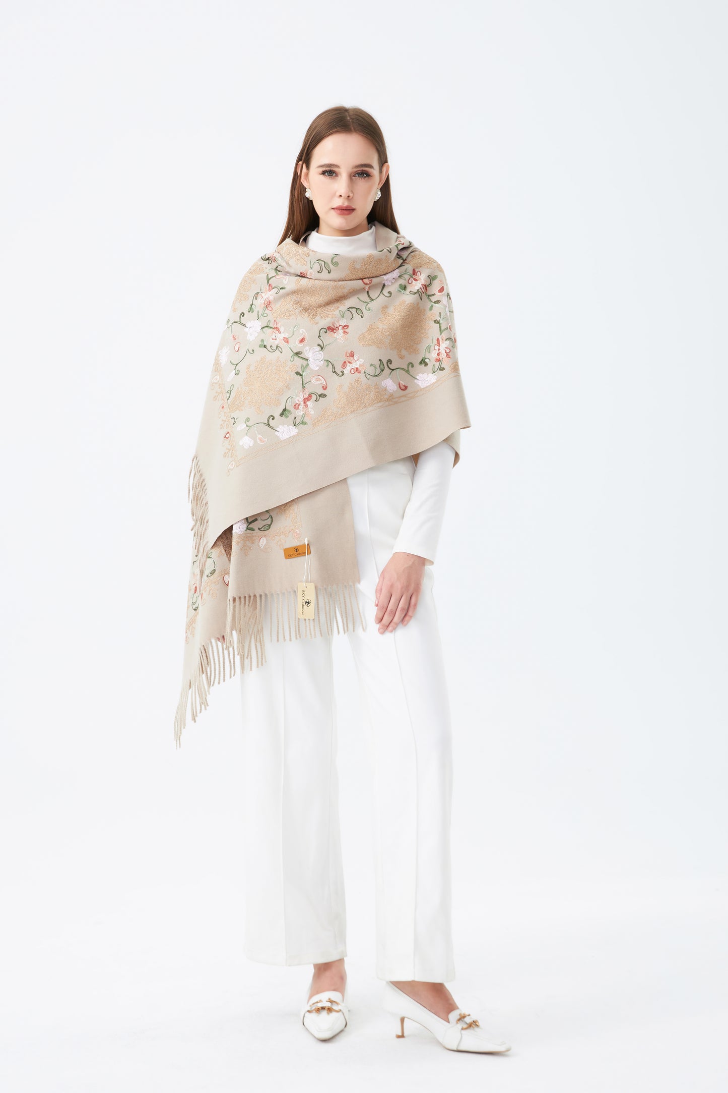 Wool Embroidered Scarf with Tassels SC-04