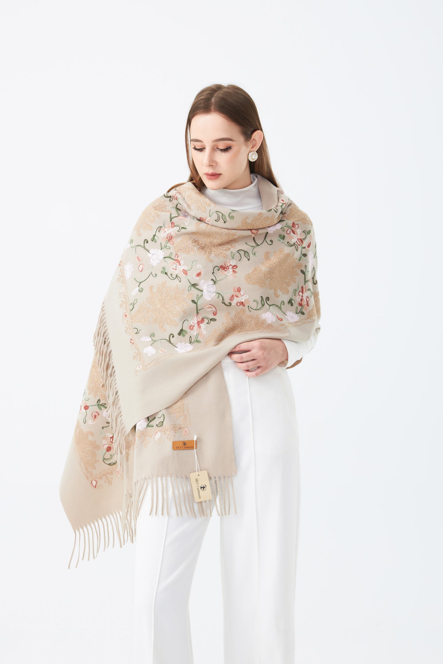 Wool Embroidered Scarf with Tassels SC-04