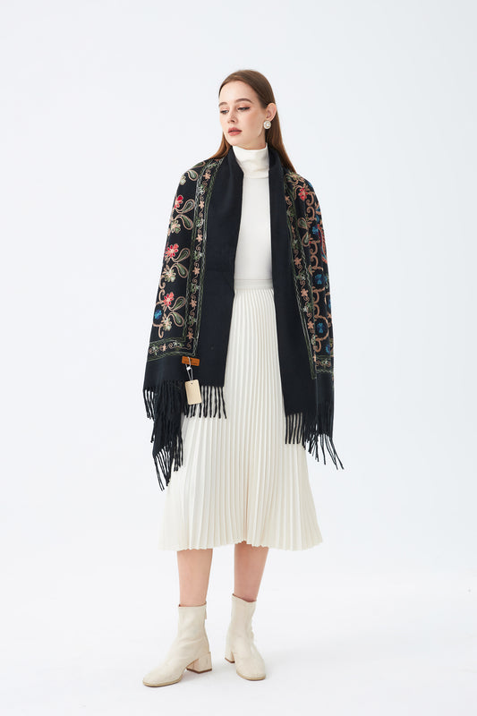 Wool Embroidered Scarf with Tassels SC-05