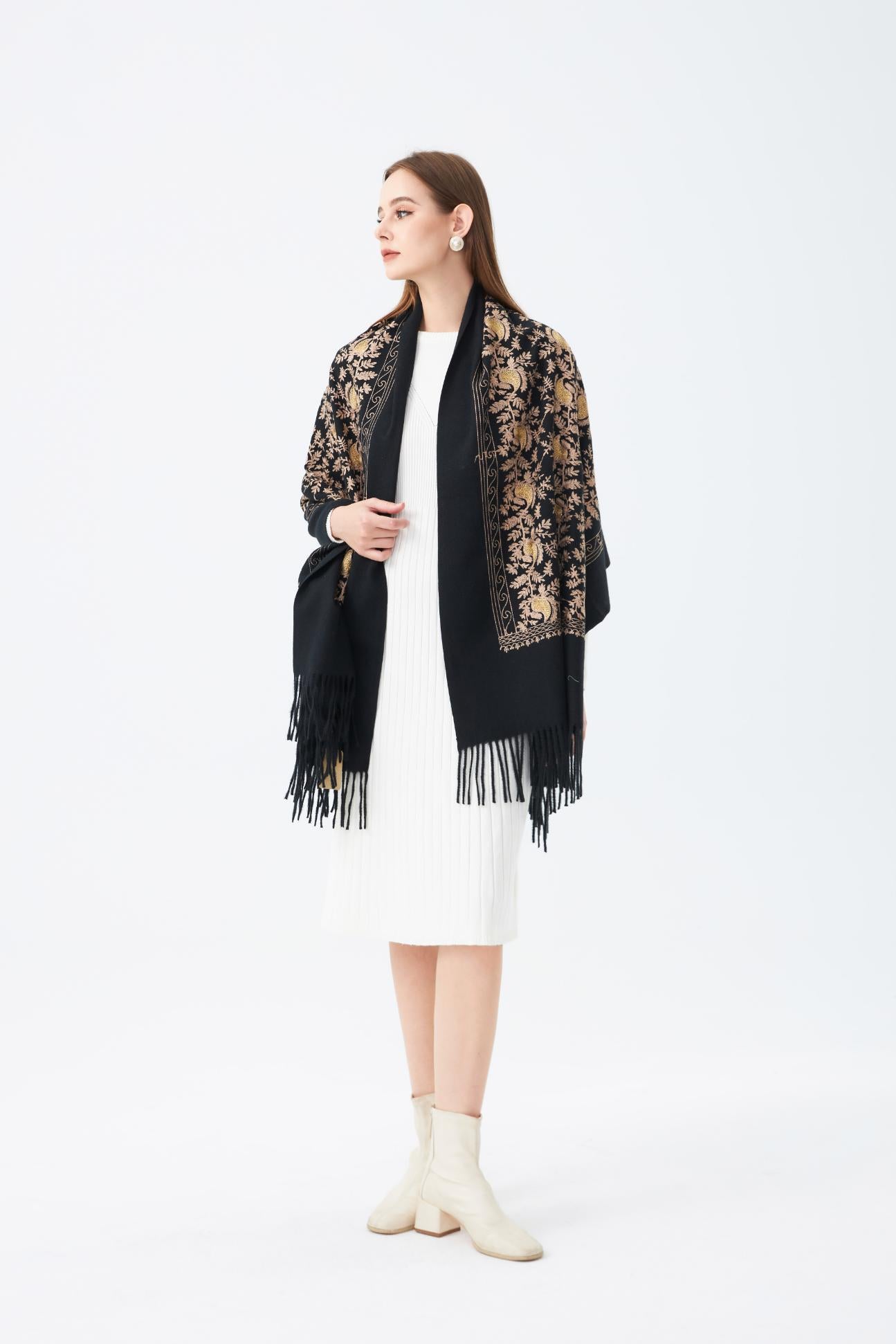 Wool Embroidered Scarf with Tassels SC-06