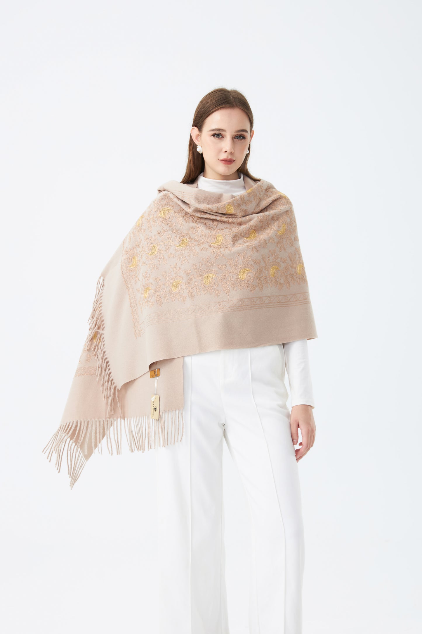 Wool Embroidered Scarf with Tassels SC-06