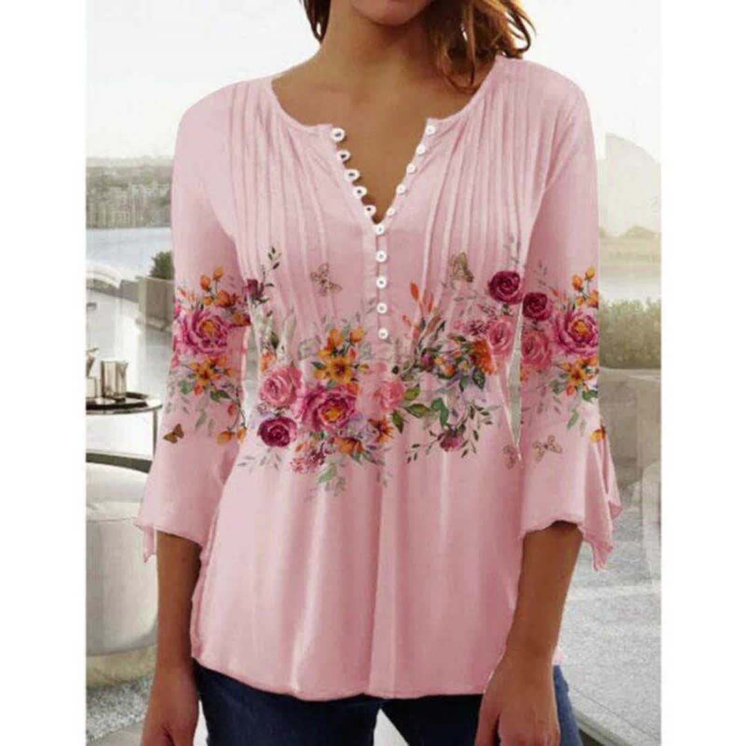 Women's Shirt Blouse Floral Print 3/4 Sleeve Casual Chiffon Top