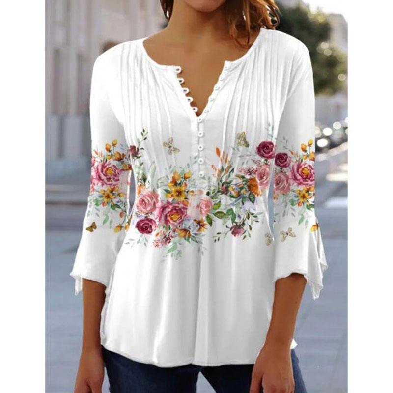 Women's Shirt Blouse Floral Print 3/4 Sleeve Casual Chiffon Top