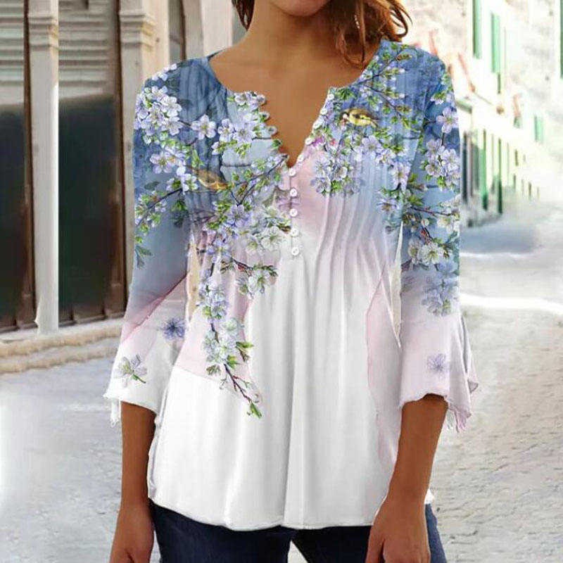Women's Shirt Blouse Floral Print 3/4 Sleeve Casual Chiffon Top