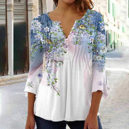 Women's Shirt Blouse Floral Print 3/4 Sleeve Casual Chiffon Top