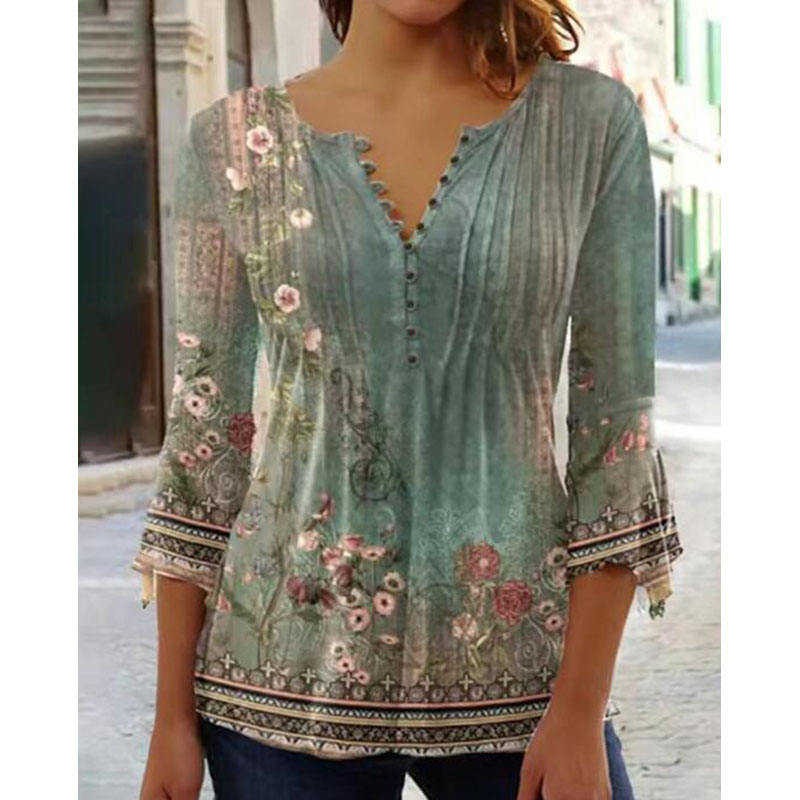 Women's Shirt Blouse Floral Print 3/4 Sleeve Casual Chiffon Top
