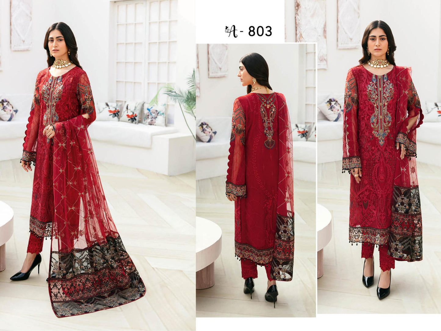 Red Embroidered Georgette Pakistani Suit A-803