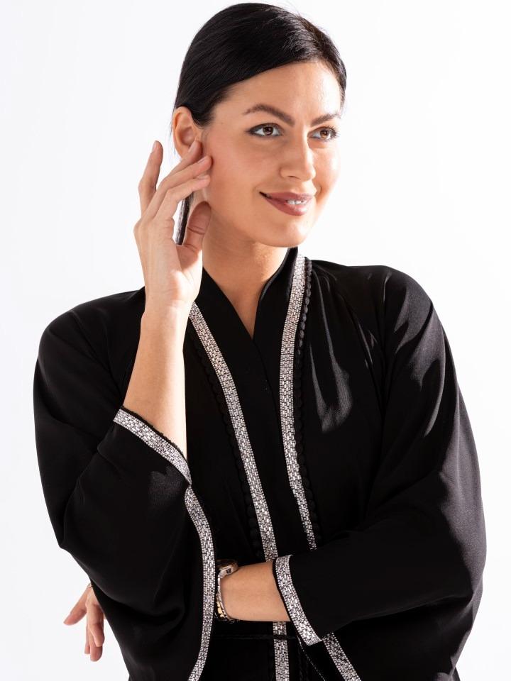 Crystal Edge Black Abaya with White Lace Work by Sky Cashmere D1