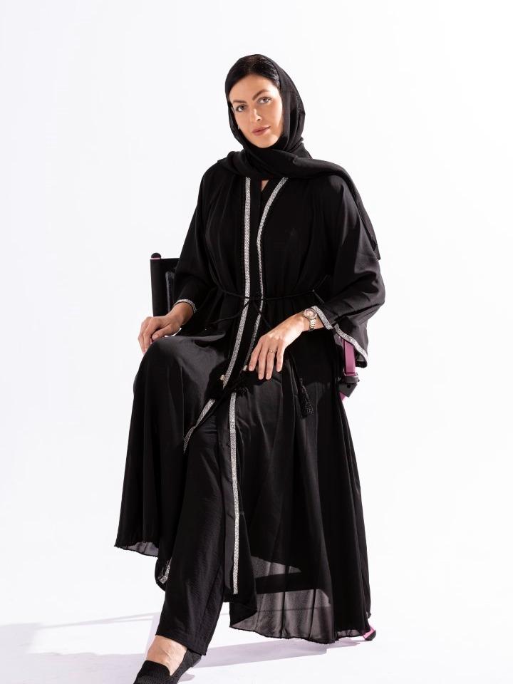 Crystal Edge Black Abaya with White Lace Work by Sky Cashmere D1